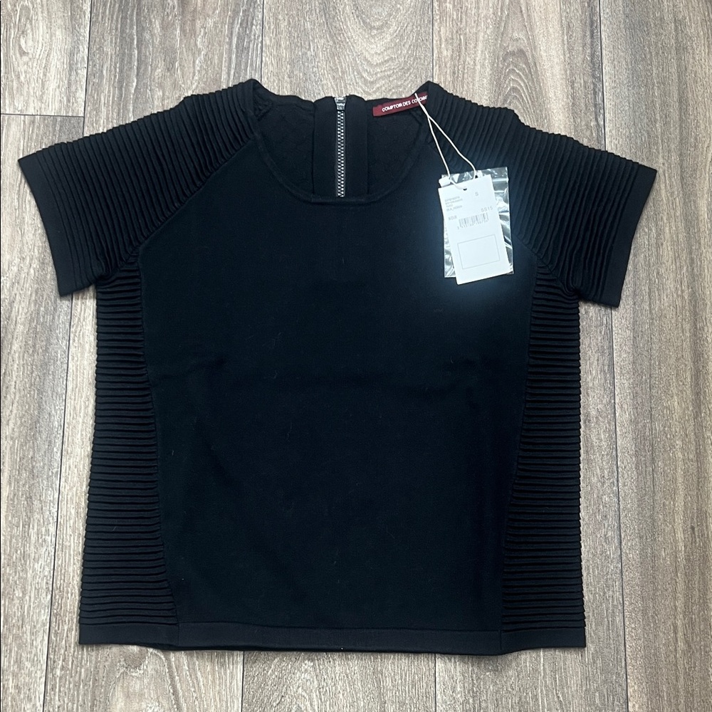 Comptoir Des Cotonniers Black Ribbed Short Sleeve Sweater